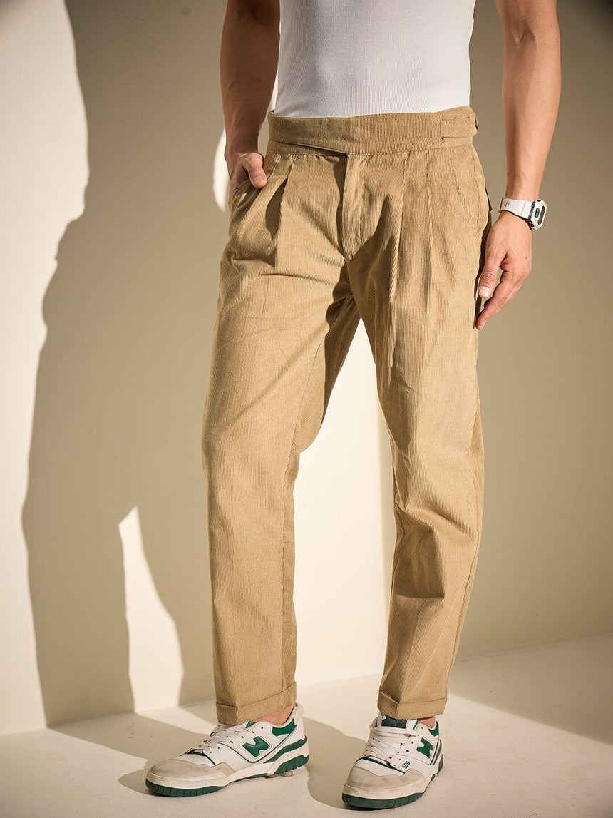 Taupe Pleated Corduroy Trousers Trousers Fugazee