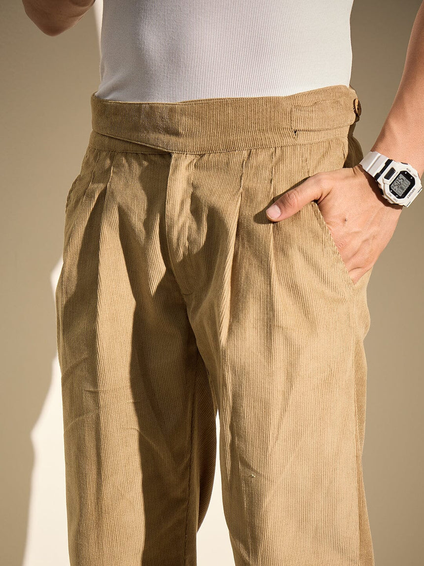Taupe Pleated Corduroy Trousers Trousers Fugazee