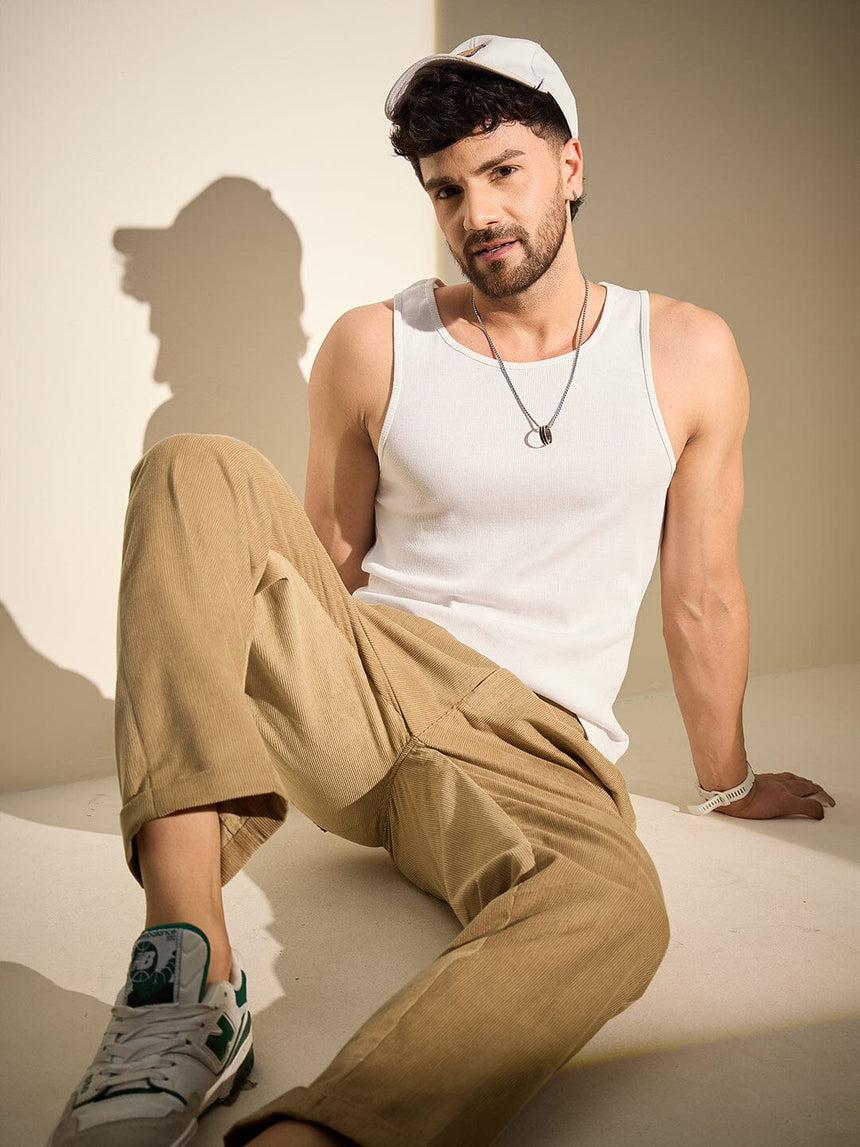 Taupe Pleated Corduroy Trousers Trousers Fugazee