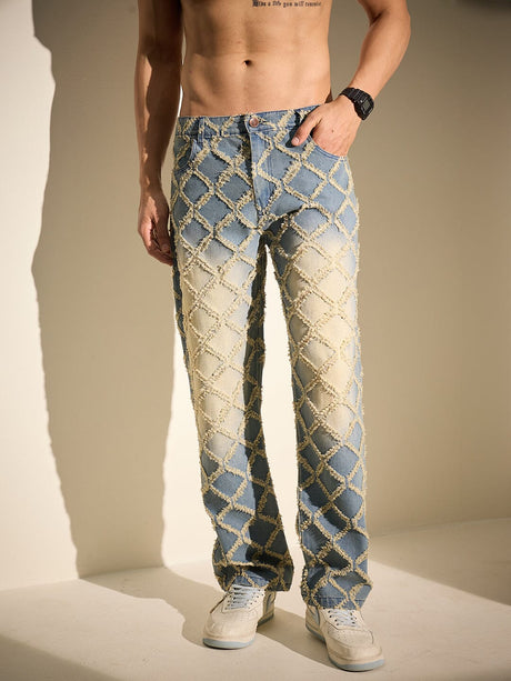 Indigo Distressed Pattern Straight Fit Denim Jeans Fugazee