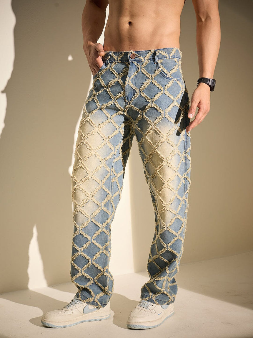 Indigo Distressed Pattern Straight Fit Denim Jeans Fugazee