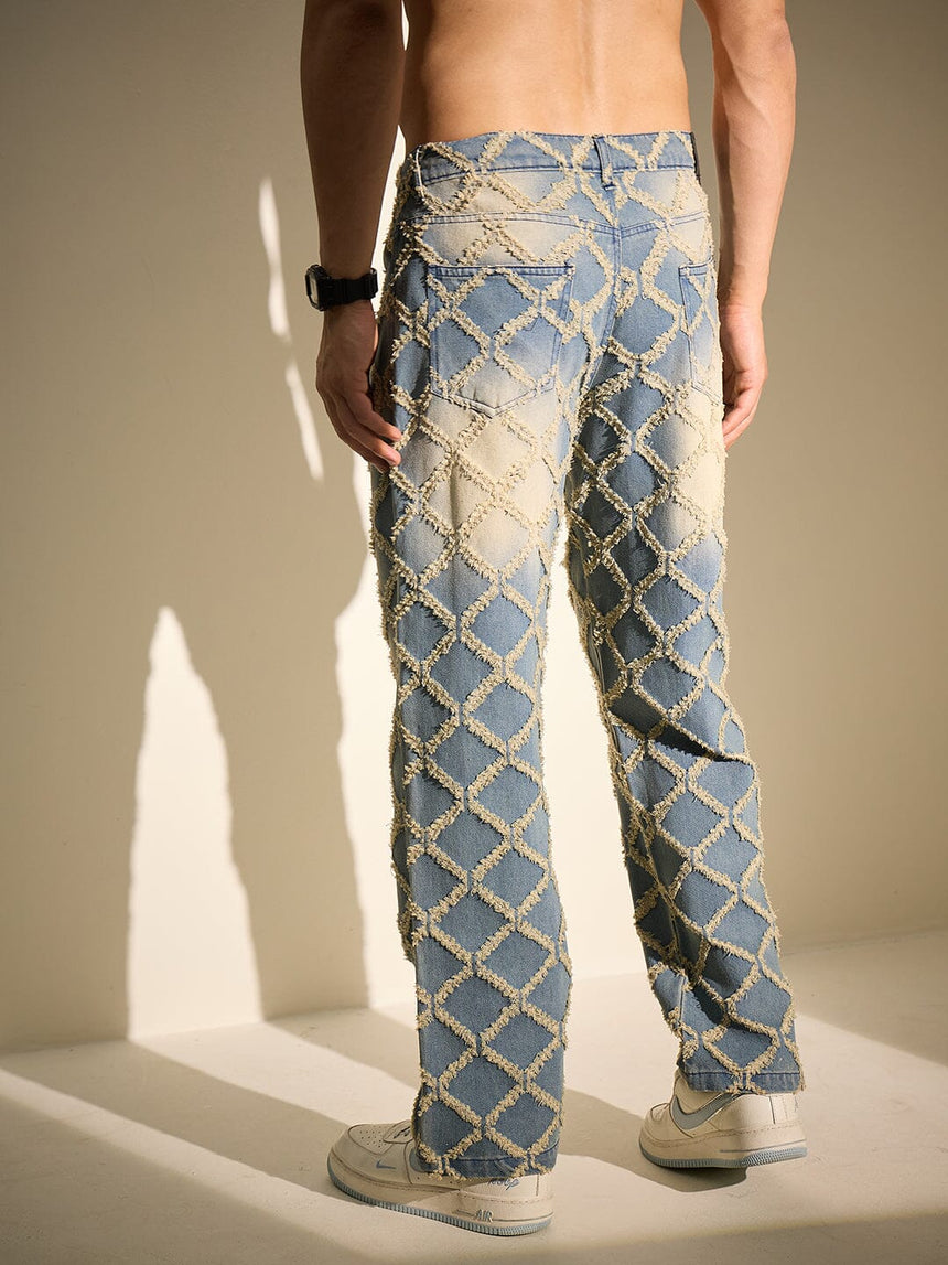 Indigo Distressed Pattern Straight Fit Denim Jeans Fugazee