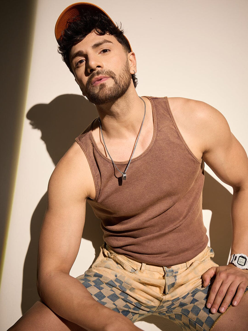 Coffee Dyed Ribbed Muscle Fit Vest T-Shirts Fugazee