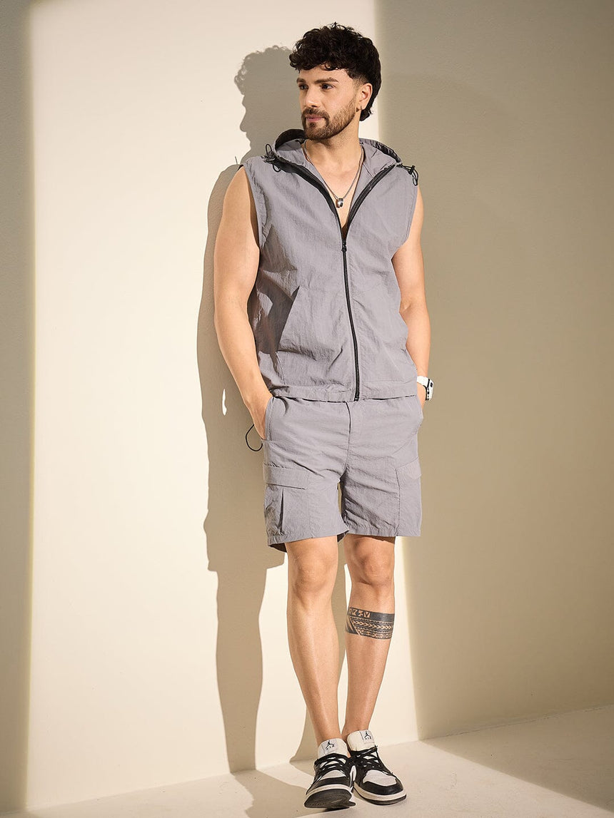 Steel Grey Nylon Sleeveless Windbreaker Jacket Jacket Fugazee