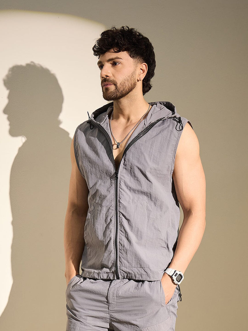 Steel Grey Nylon Sleeveless Windbreaker Jacket Jacket Fugazee