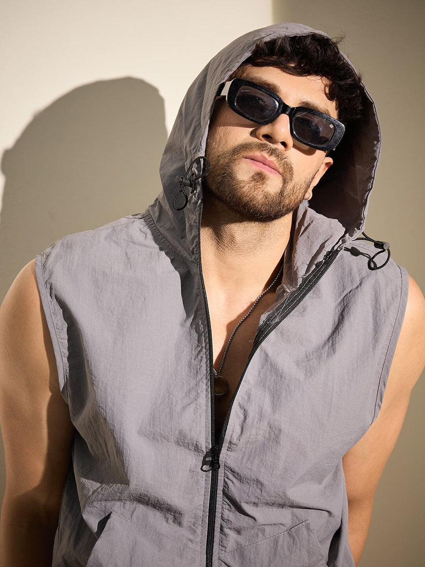 Steel Grey Nylon Sleeveless Windbreaker Jacket Jackets Fugazee