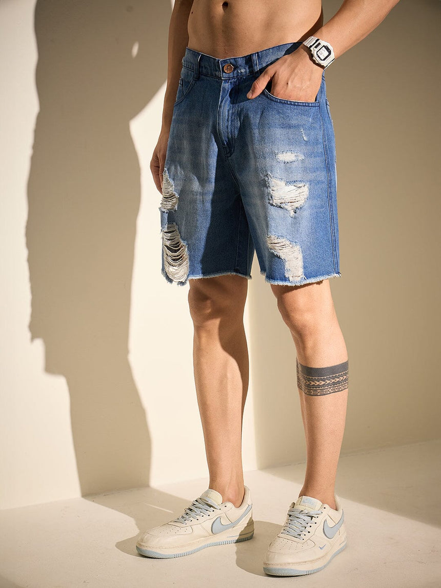 Indigo Distressed Denim Shorts Shorts Fugazee
