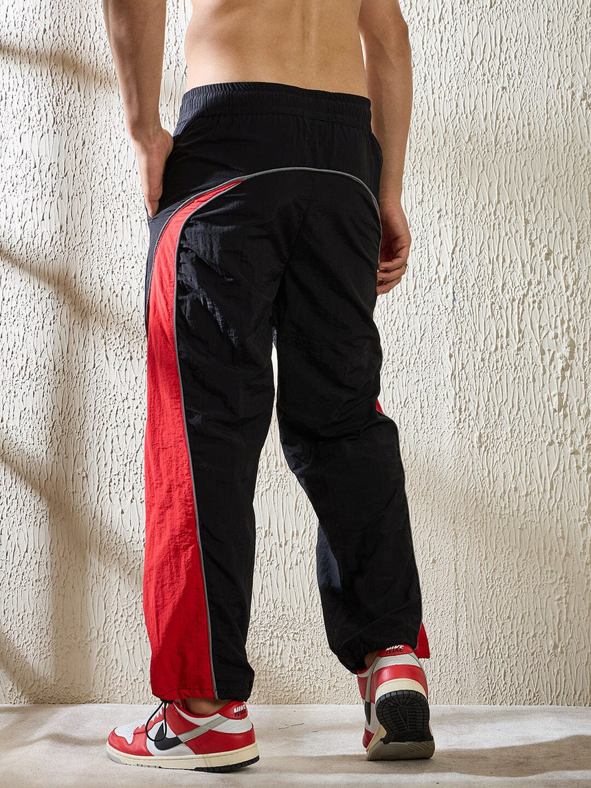 Black and Red Crinkle Cut and Sew Trackpants Trackpants Fugazee