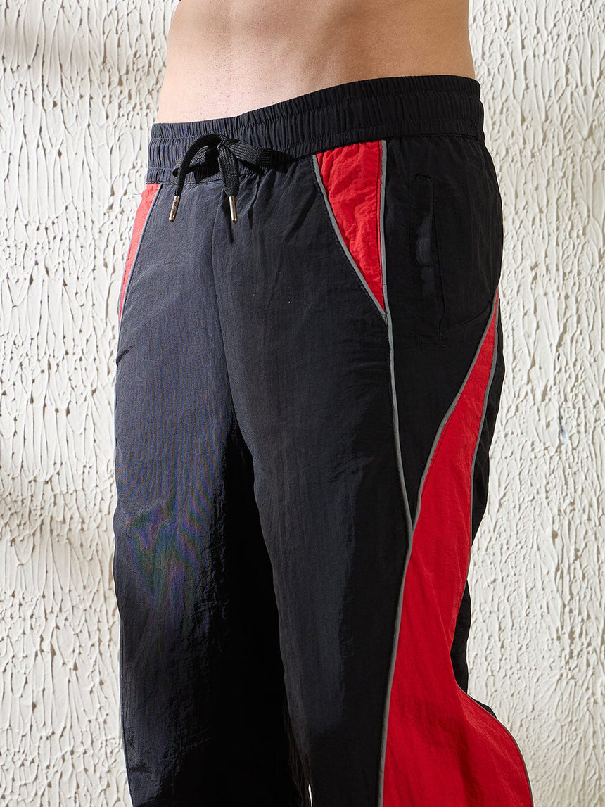 Black and Red Crinkle Cut and Sew Trackpants Trackpants Fugazee