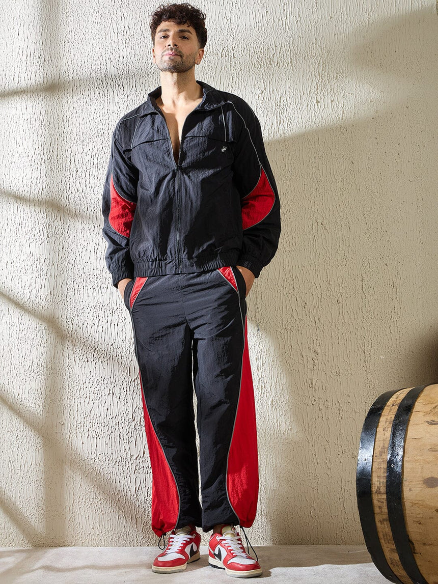Black and Red Crinkle Cut and Sew Trackpants Trackpants Fugazee