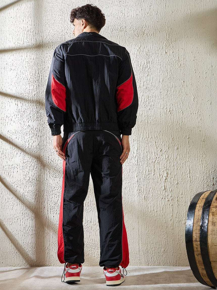 Black and Red Crinkle Cut and Sew Tracksuit Tracksuits Fugazee