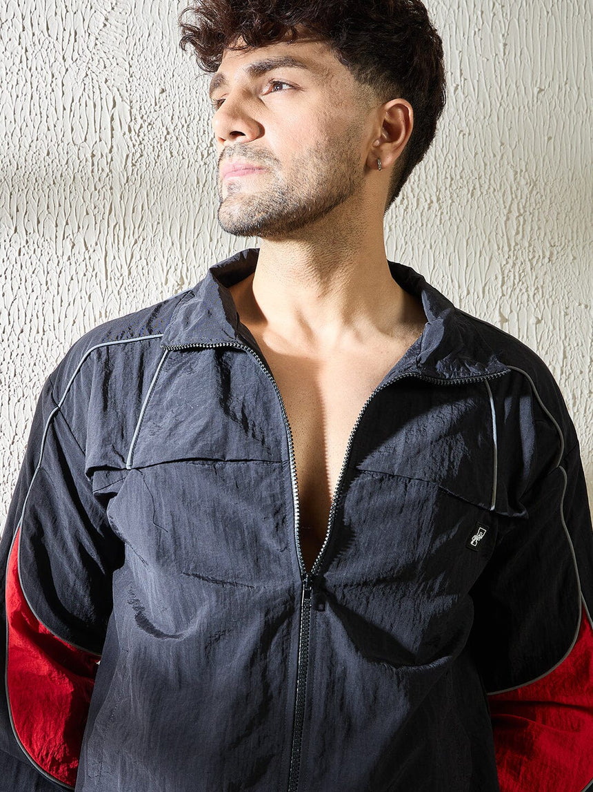 Black and Red Crinkle Cut and Sew Tracksuit Tracksuits Fugazee