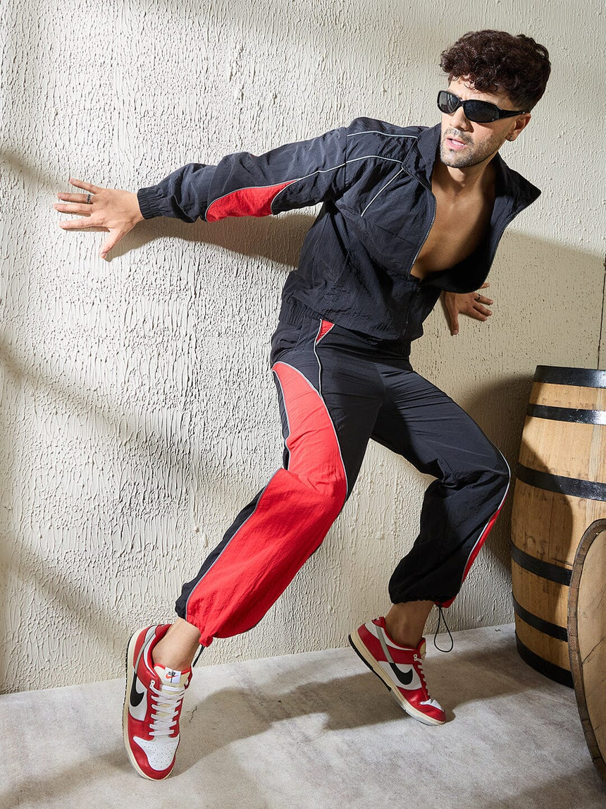 Black and Red Crinkle Cut and Sew Tracksuit Tracksuits Fugazee