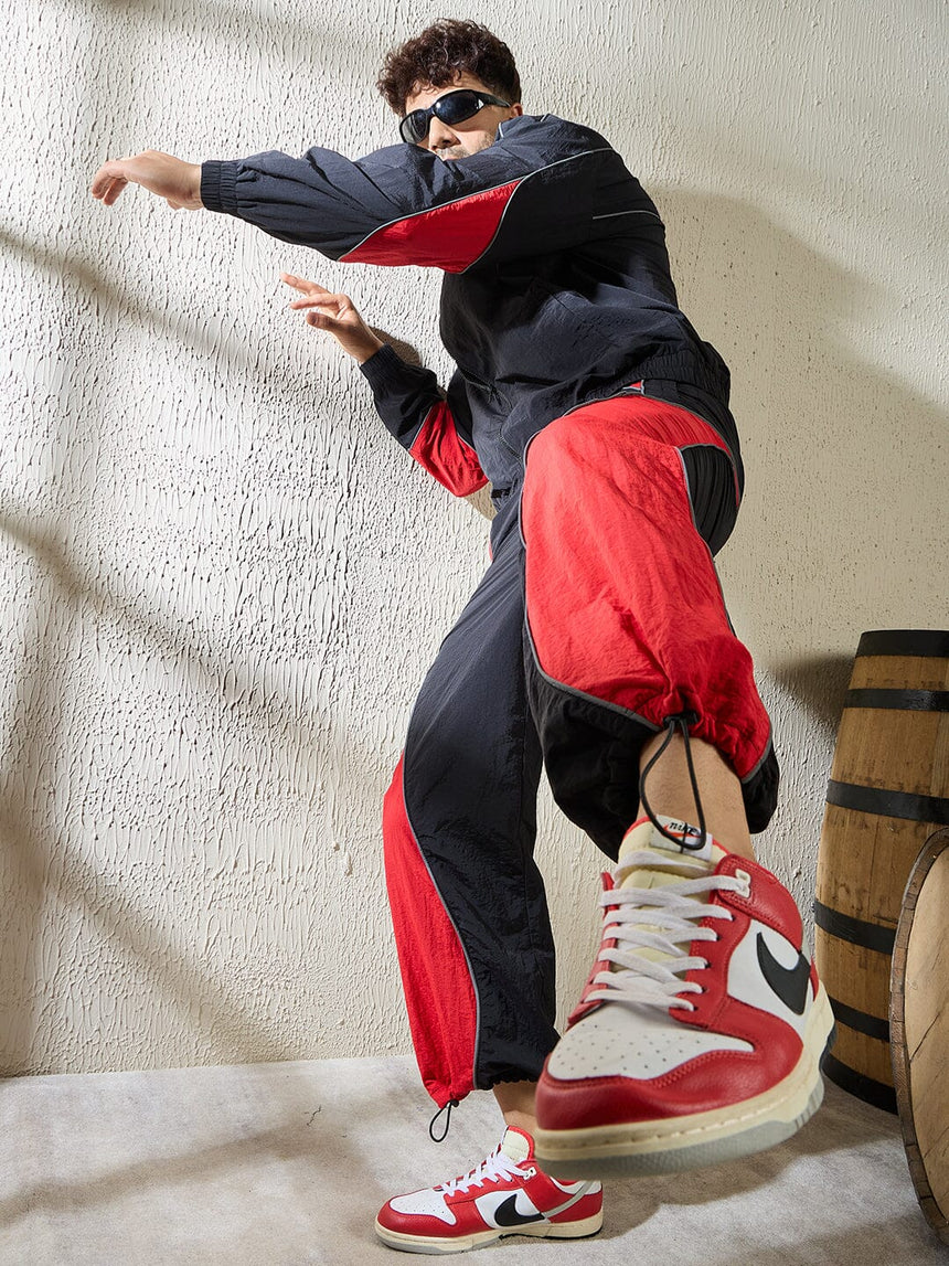 Black and Red Crinkle Cut and Sew Tracksuit Tracksuits Fugazee