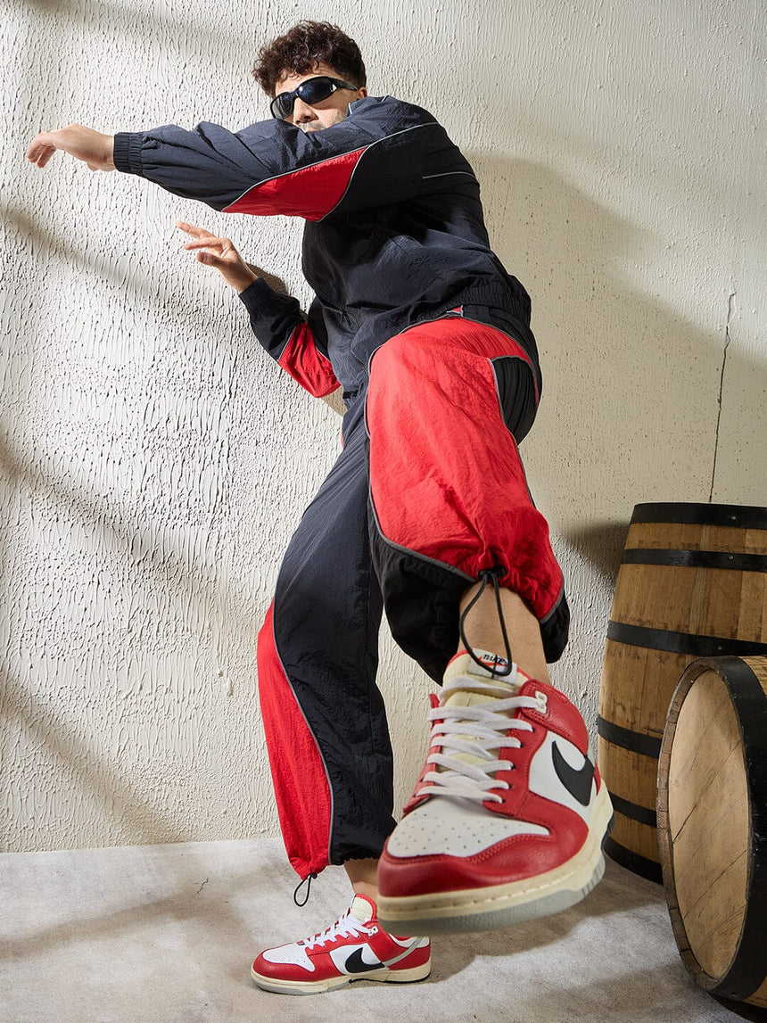 Black and Red Crinkle Cut and Sew Trackpants Trackpants Fugazee