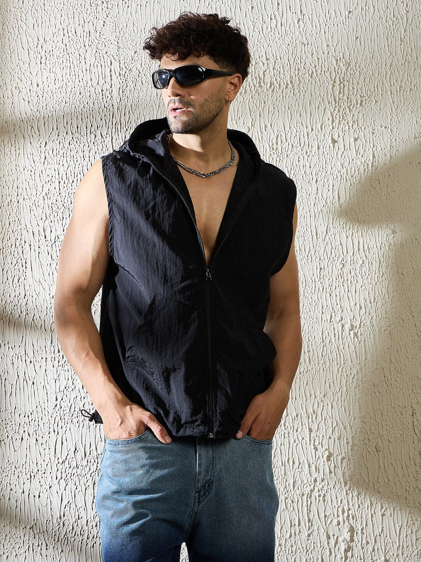Black Crushed Nylon Sleeveless Windbreaker Jacket Jackets Fugazee