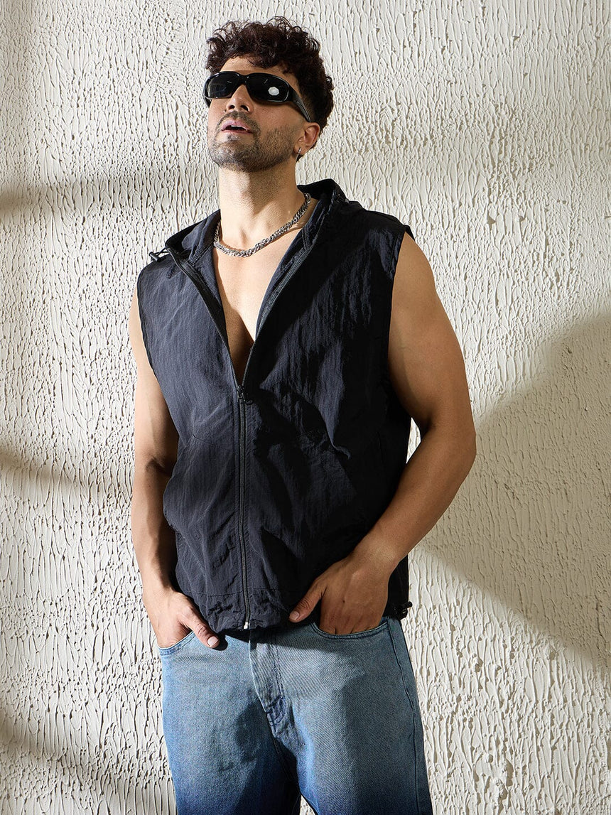 Black Crushed Nylon Sleeveless Windbreaker Jacket Jackets Fugazee