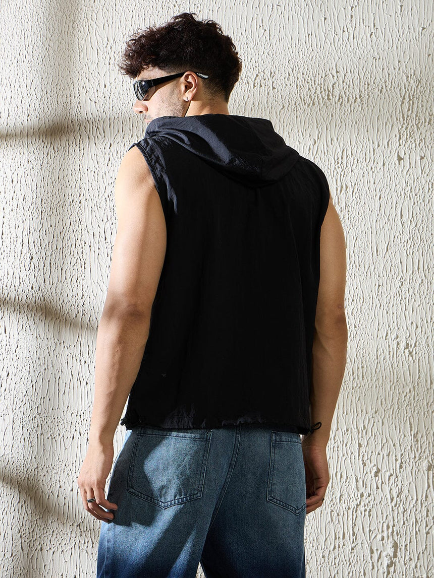Black Crushed Nylon Sleeveless Windbreaker Jacket Jackets Fugazee
