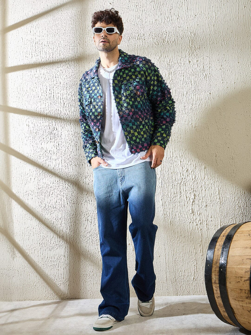 Rainbow Frayed Jacquard Cropped Denim Jacket Jackets Fugazee