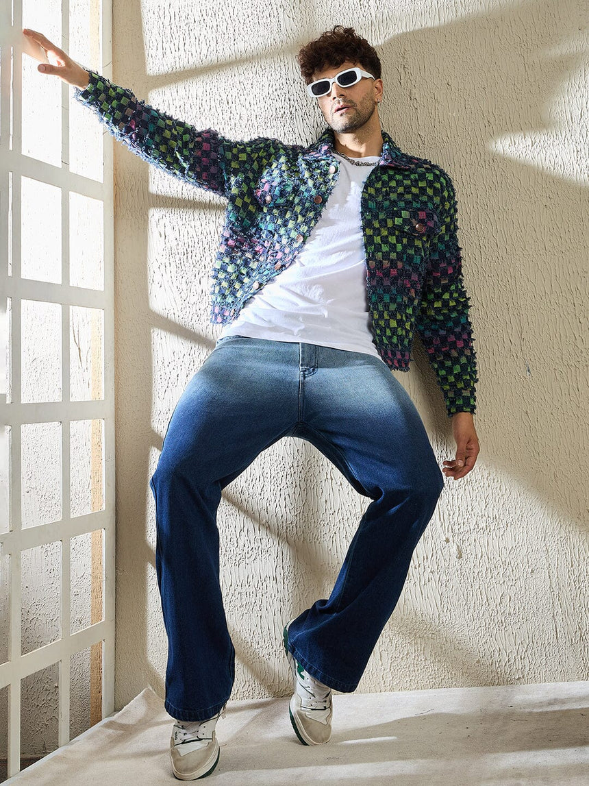 Rainbow Frayed Jacquard Cropped Denim Jacket Jackets Fugazee