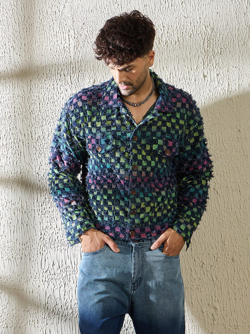 Rainbow Frayed Jacquard Cropped Denim Jacket Jackets Fugazee