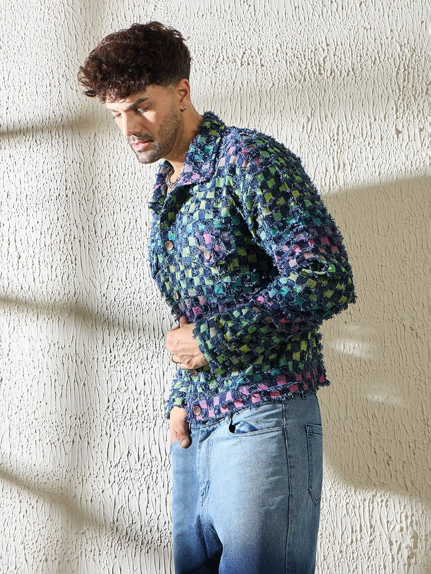 Rainbow Frayed Jacquard Cropped Denim Jacket Jackets Fugazee