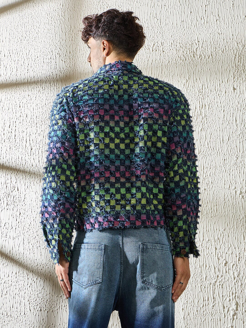 Rainbow Frayed Jacquard Cropped Denim Jacket Jackets Fugazee