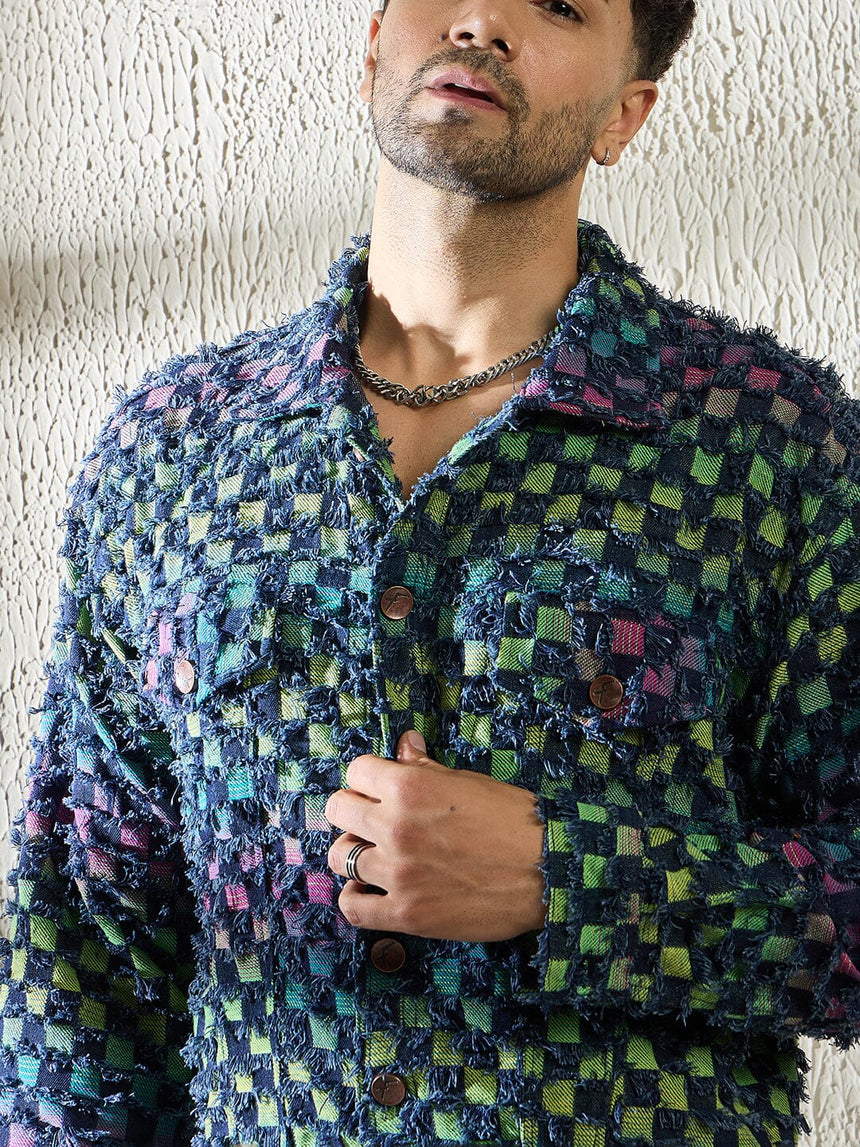 Rainbow Frayed Jacquard Cropped Denim Jacket Jackets Fugazee