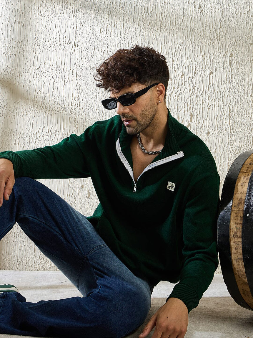 Green Turtleneck Quarter Zip Sweater Sweaters Fugazee