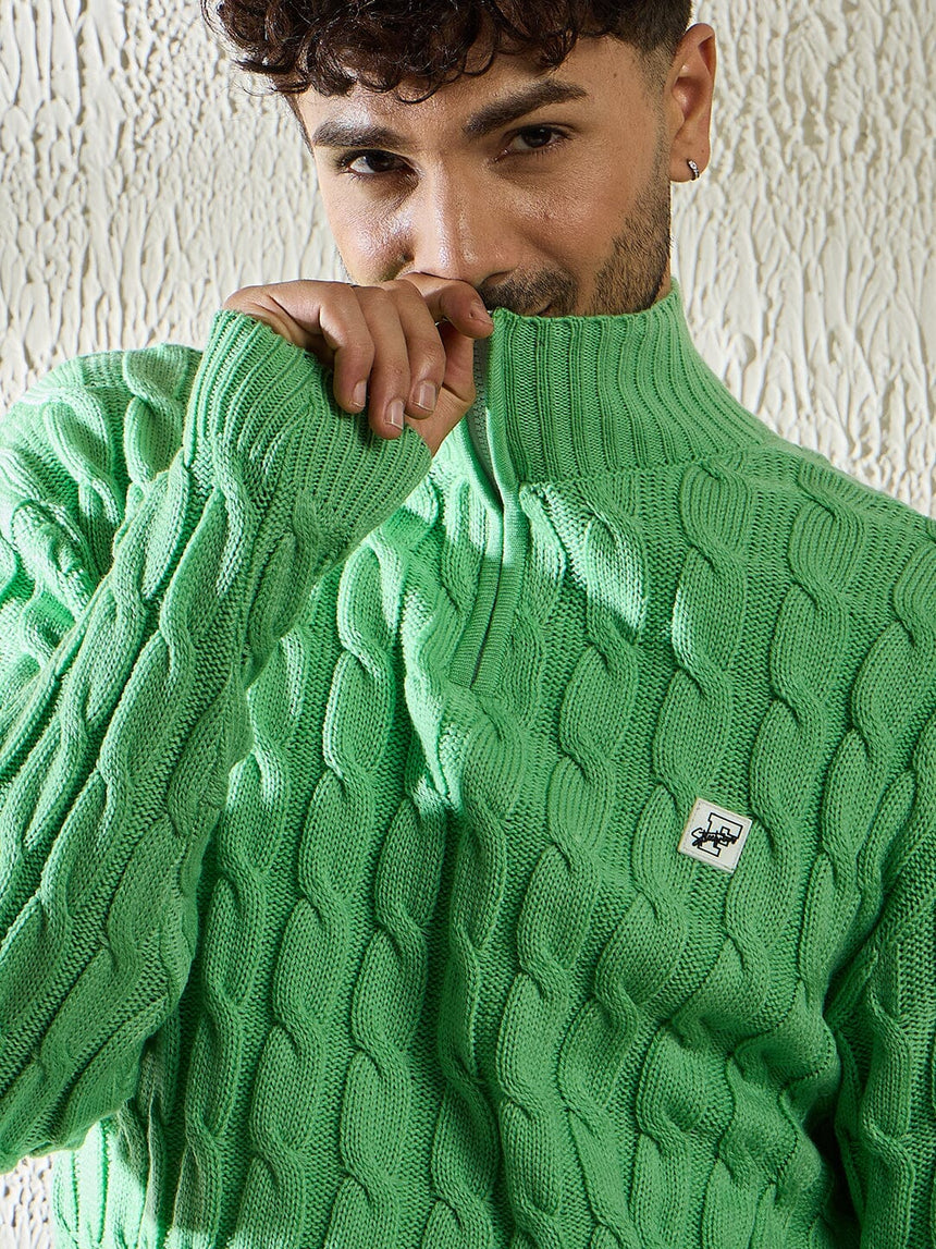 Mint Cable Knit Quarter Zip Turtleneck Sweater Sweaters Fugazee