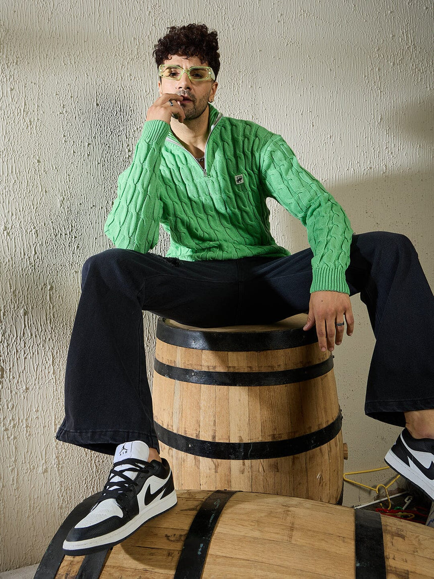 Mint Cable Knit Quarter Zip Turtleneck Sweater Sweaters Fugazee