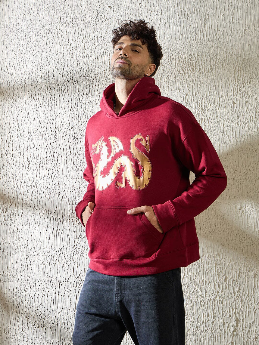 Wine Golden Dragon Oversized Hooded Sweatshirt Sweatshirts Fugazee