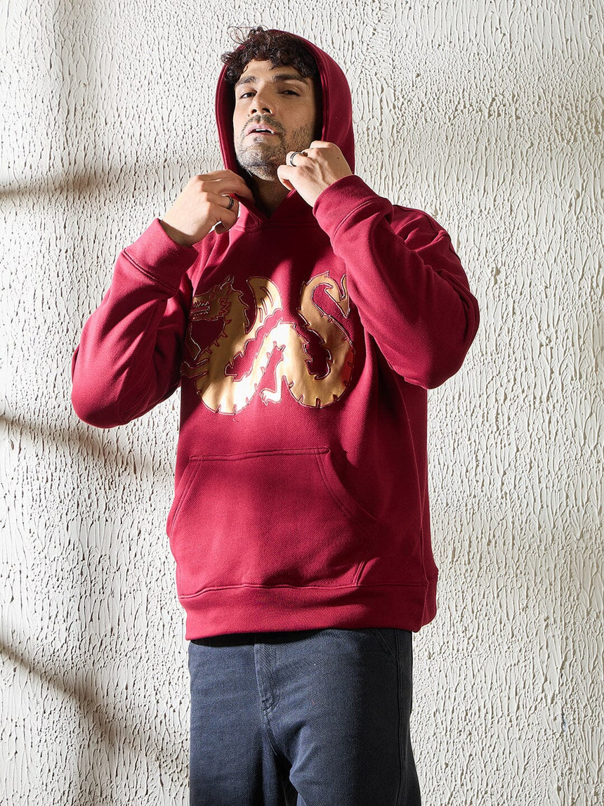 Wine Golden Dragon Oversized Hooded Sweatshirt Sweatshirts Fugazee