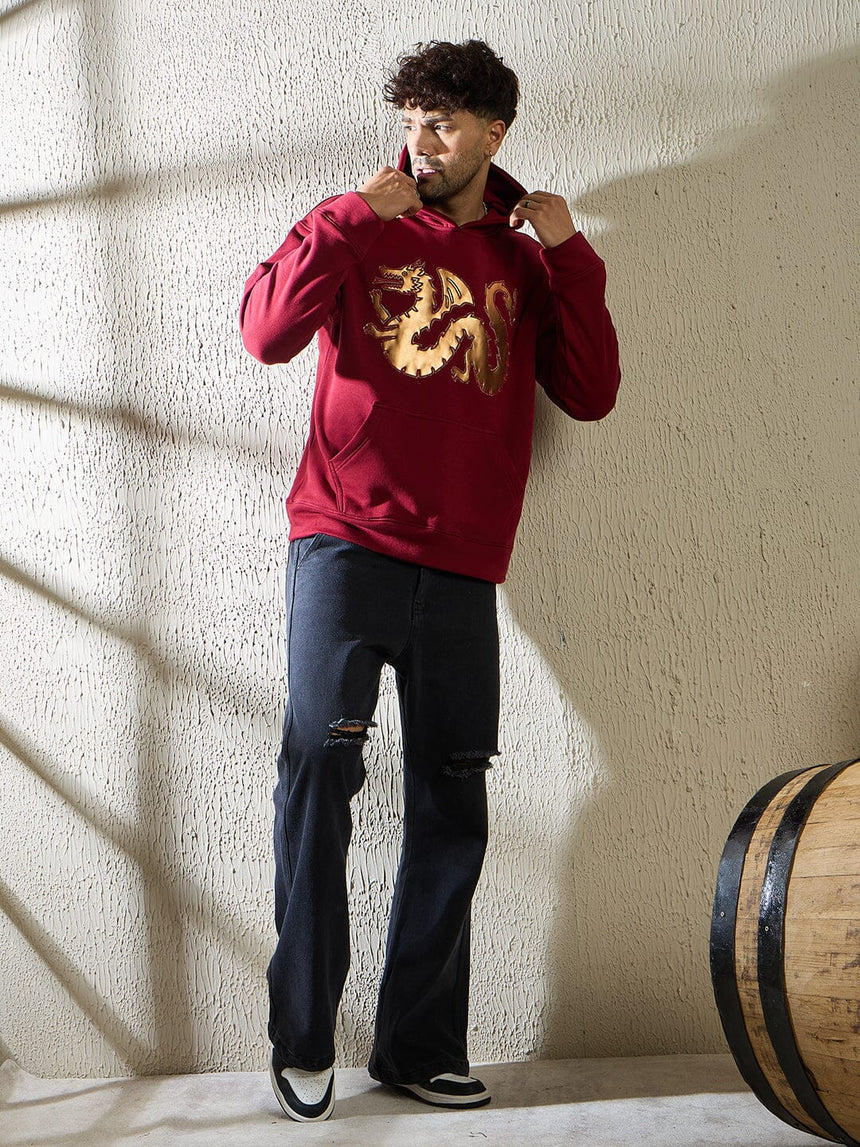 Wine Golden Dragon Oversized Hooded Sweatshirt Sweatshirts Fugazee