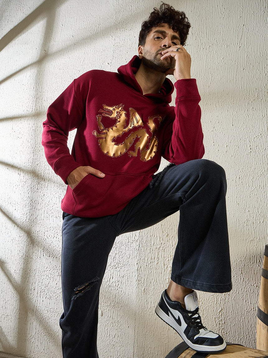 Wine Golden Dragon Oversized Hooded Sweatshirt Sweatshirts Fugazee