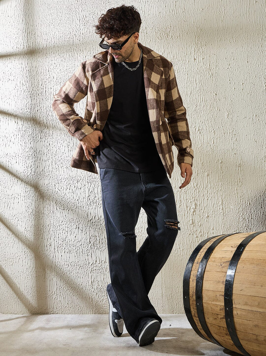 Brown and Beige Woollen Tweed Blazer Jackets Fugazee