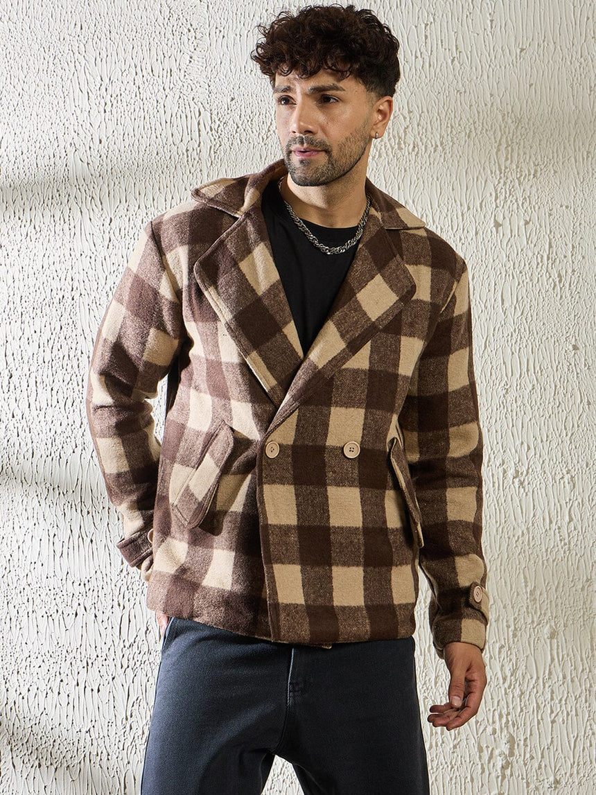 Brown and Beige Woollen Tweed Blazer Jackets Fugazee