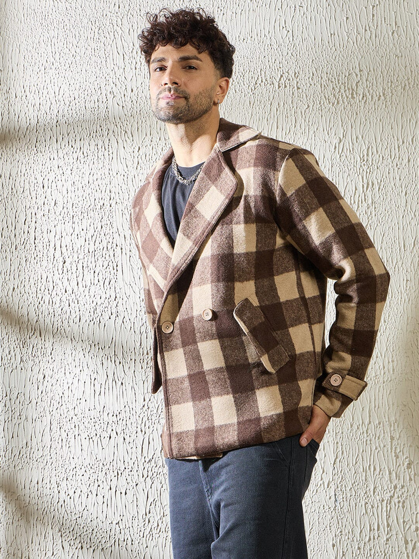 Brown and Beige Woollen Tweed Blazer Jackets Fugazee