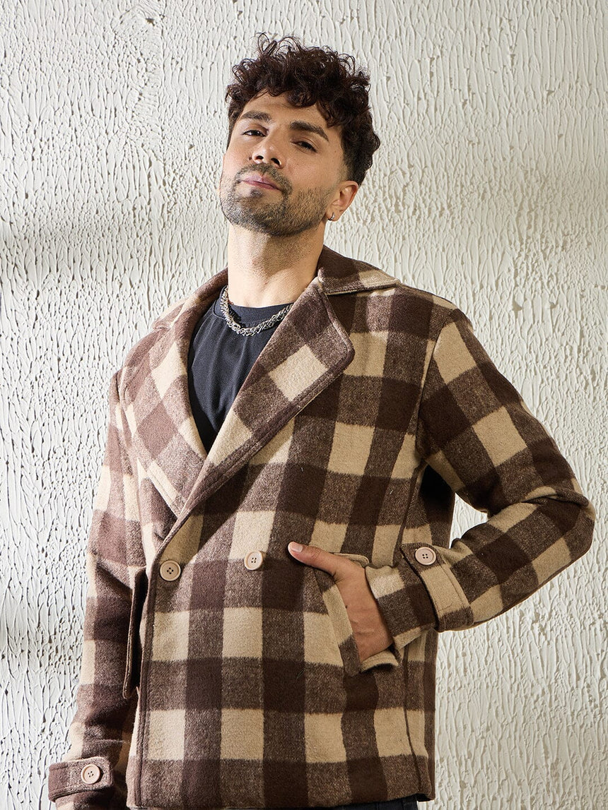 Brown and Beige Woollen Tweed Blazer Jackets Fugazee