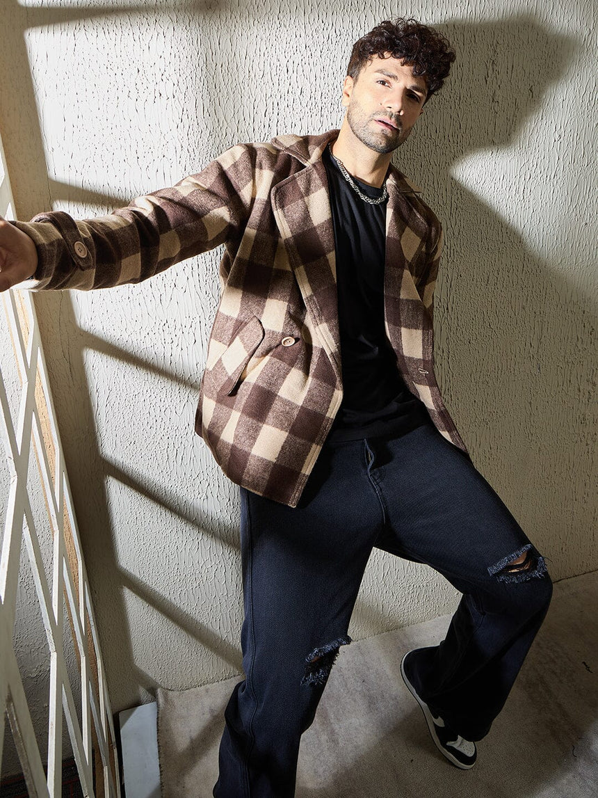 Brown and Beige Woollen Tweed Blazer Jackets Fugazee