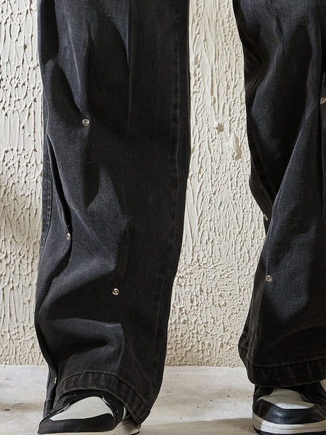 Black Pleated Rivet Denim Jeans Fugazee