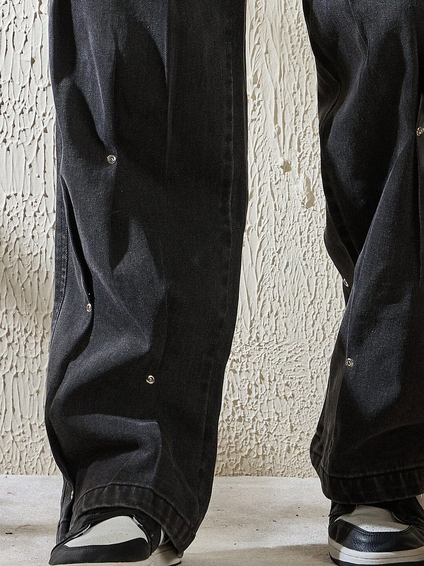 Black Pleated Rivet Denim Jeans Fugazee