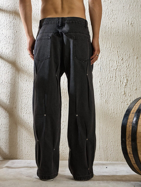 Black Pleated Rivet Denim Jeans Fugazee