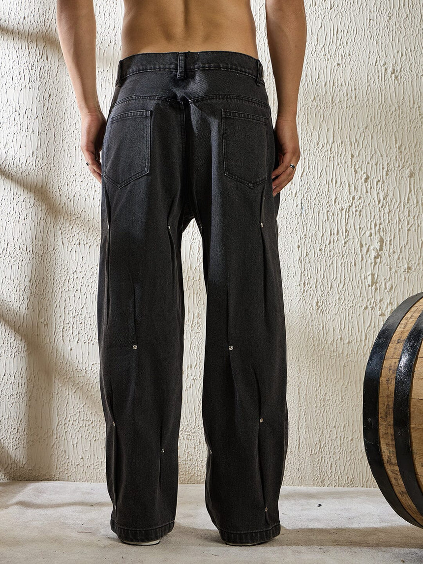 Black Pleated Rivet Denim Jeans Fugazee
