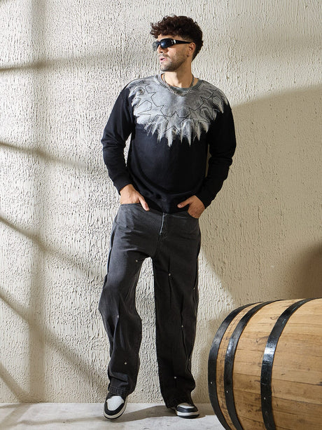 Black Pleated Rivet Denim Jeans Fugazee