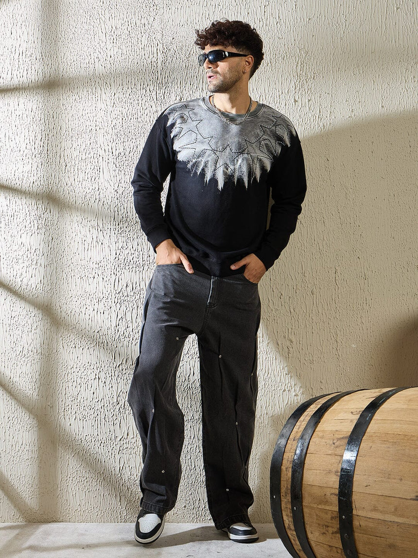 Black Pleated Rivet Denim Jeans Fugazee