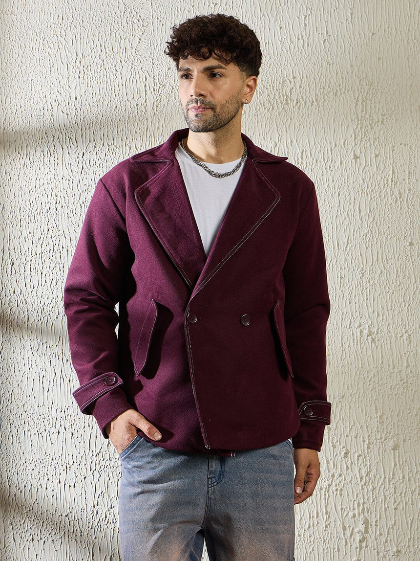 Wine Woollen Contrast Blazer Jackets Fugazee