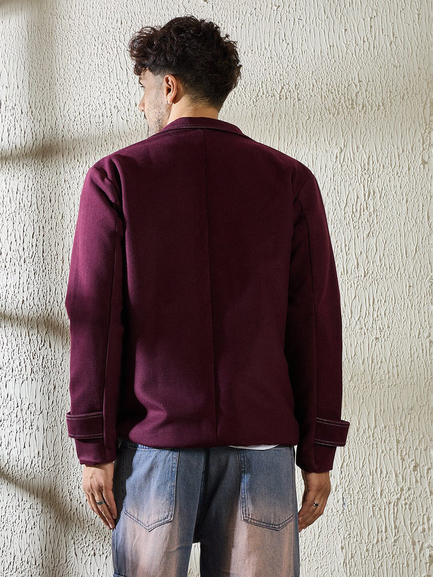 Wine Woollen Contrast Blazer Jackets Fugazee