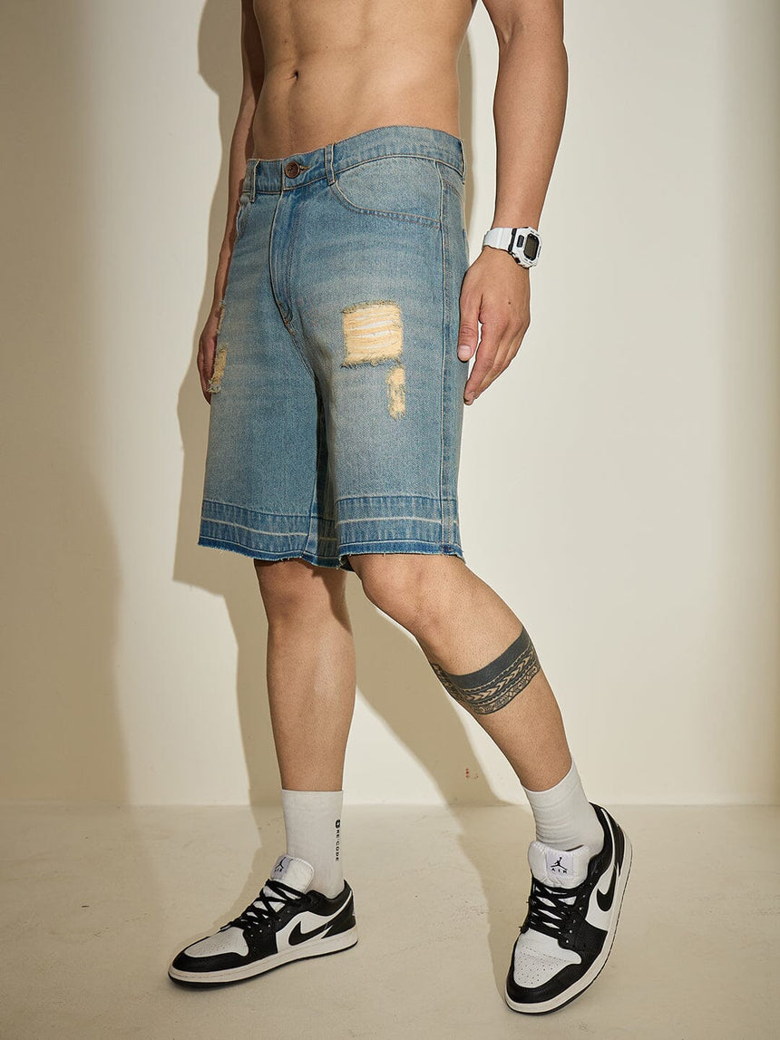 Blue Vintage Washed Distressed Denim Shorts Shorts Fugazee