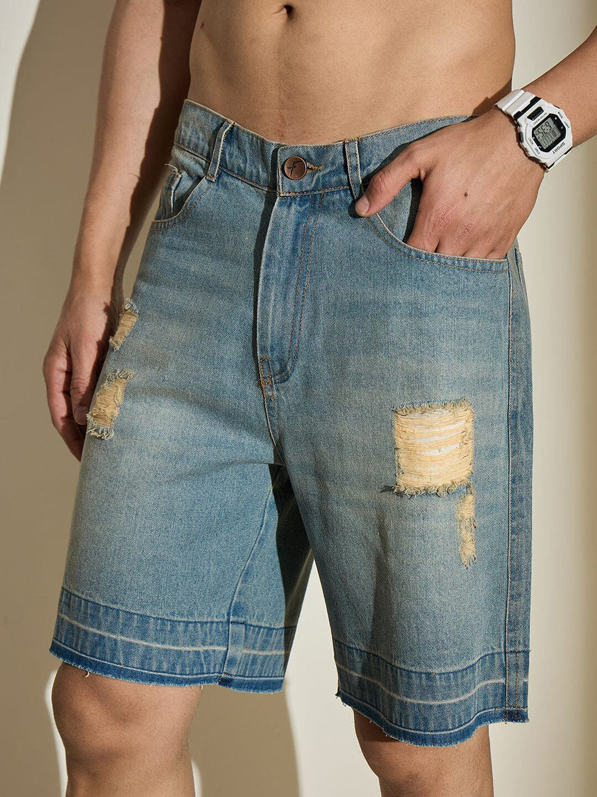 Blue Vintage Washed Distressed Denim Shorts Shorts Fugazee
